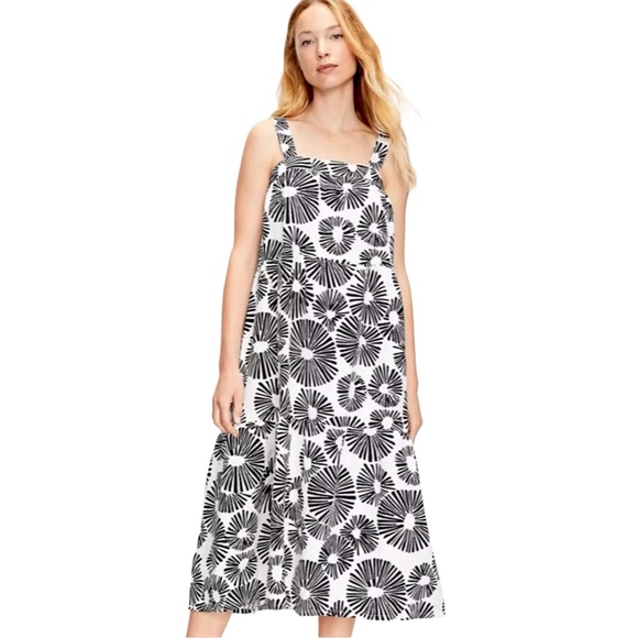 LOFT NWOT LINEN BLEND BLACK & WHITE FIREWORKS MIDI DRESS TIERED | LARGE PETITE - Picture 2 of 12